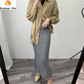 

Women 2020 High Waist Knitted Bodycon Long Skirt Stretch Vintage Split Hem Women Winter Long Pencil Skirt Faldas Jupe Femme Saia