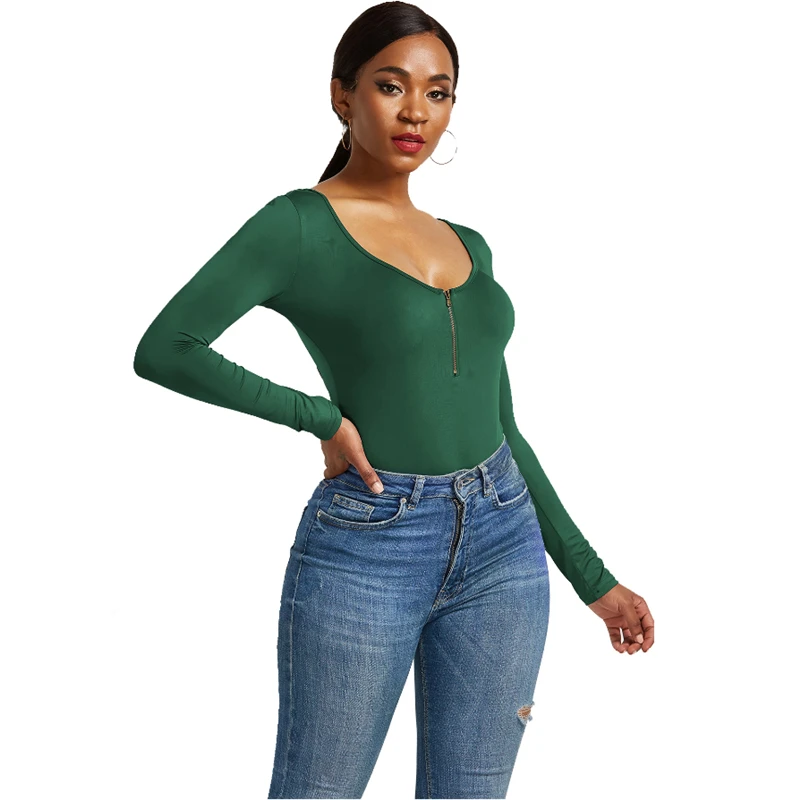 Sexy Deep U Neck Quarter Zip Women Bodycon Bodysuit Y2K Girls Long Sleeve Stretchy Open Stitch Bodysuits for Women Plus Size