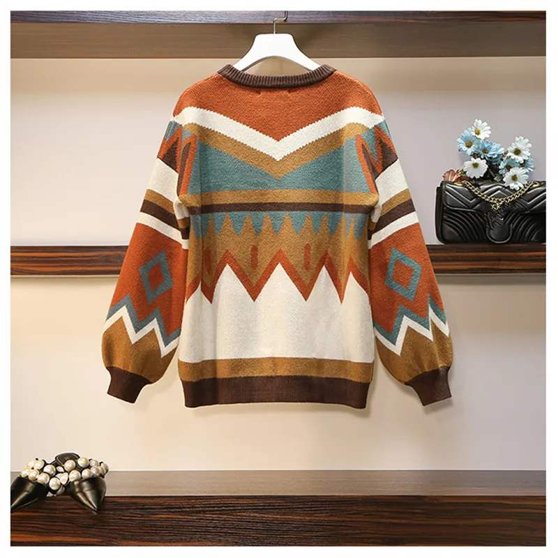 Зимний женский шерстяной вязаный комплект из 2 предметов, женский свободный пуловер с геометрическим узором, свитер+ украшение на пуговицах, юбка миди с разрезом, комплект
