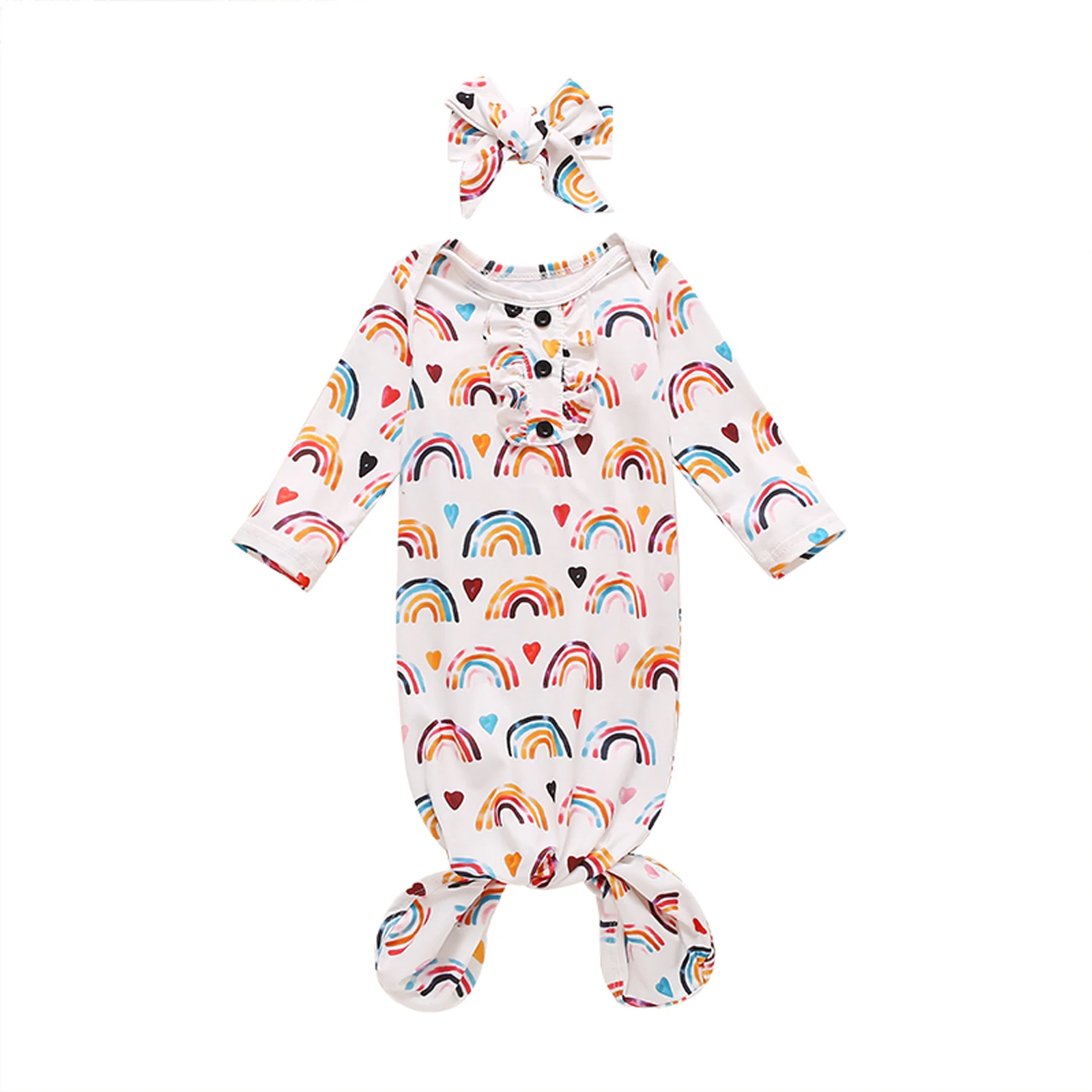 Newborn Baby Girls Nightwear with Headband, Rainbow Hearts Print Round Neck Long Sleeve Sleepwear+ Headdress