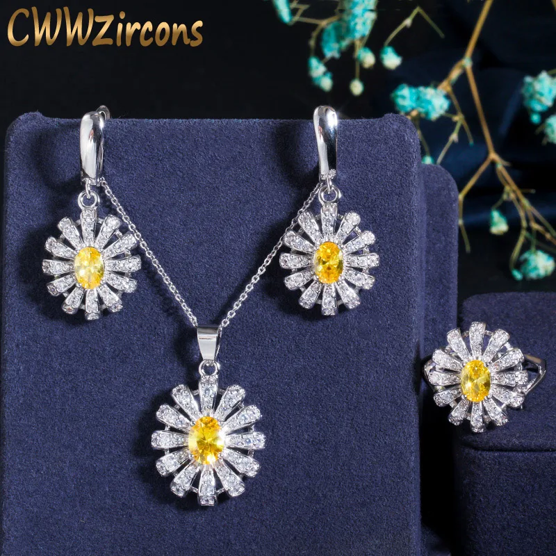 

3 pcs Cubic Zirconia Necklace Earring Ring Set Fashion 925 Sterling Silver Flower Jewelry Sets For Ladies T281