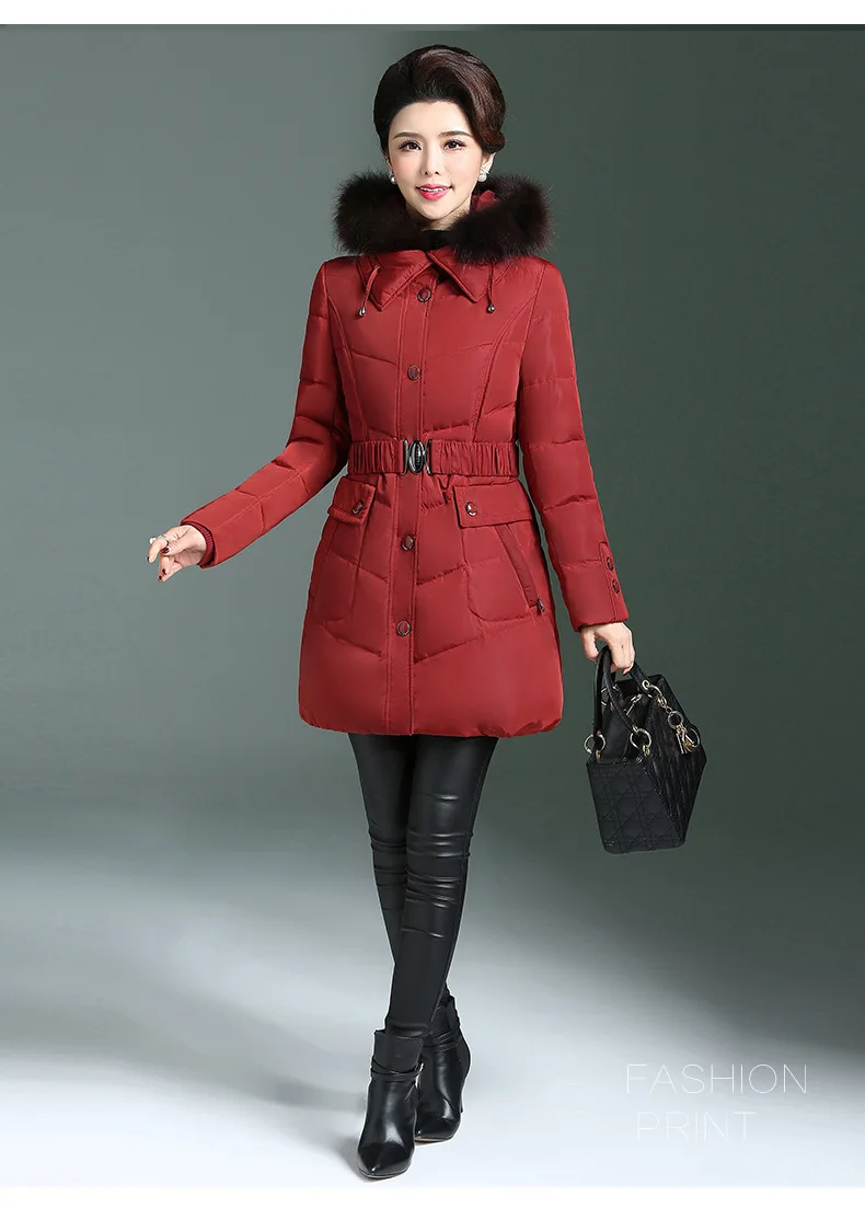 Middle-aged Women Dress Winter New Style Middle-aged down Jacket Women's Mid-length Thickening Large Fur Collar Slim Fit Large S