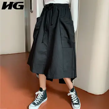 

HG Irregular Split Skirt Big Pocket Elastic Waist Autumn Winter Women Clothes 2019 Black Fashion Leisure Skirts XJ2221