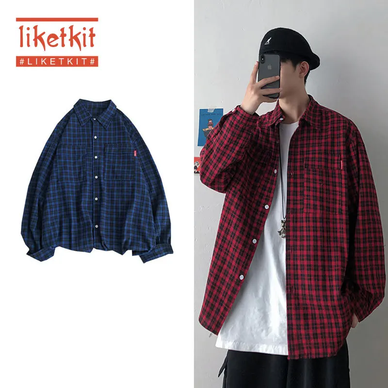 Liketkit мужские винтажные клетчатые рубашки новинка 2020 Harajuku с длинным рукавом