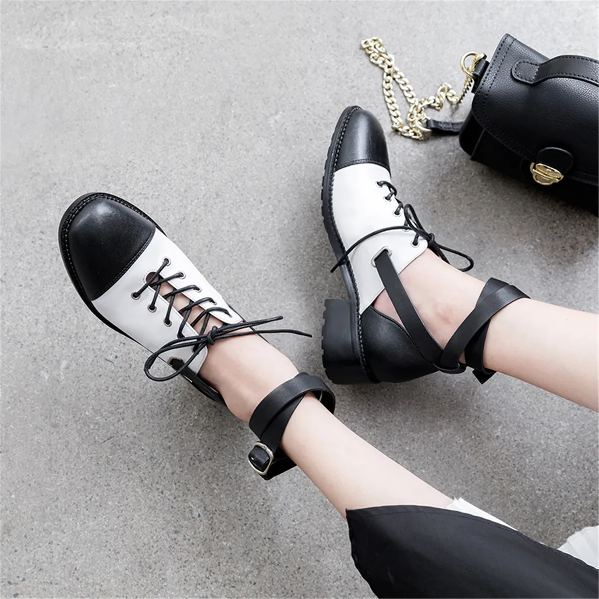 Women's genuine leather mix color patchwork falts ankle strap leisure oxfords lace-up casual oxfords high quality shoes women