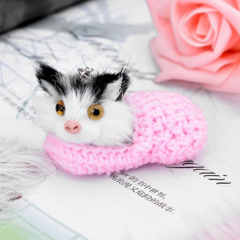 Милые kawaii брелки Спящая кошка помпон брелок для женщин девочек ручной работы из искусственного меха кролика котенок брелки для ключей ключи от машины брелок - Цвет: Pink