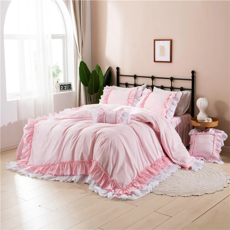 bedding set Luxury pure cotton duvet cover set & flat sheet Pink princess 4 pcs 
