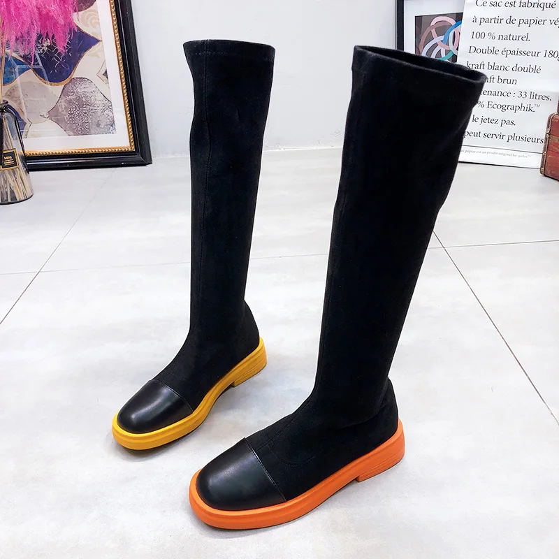Г. Весенне-осенние женские сапоги до колена из эластичной ткани в Корейском стиле женские высокие сапоги на резиновой подошве Осенняя обувь женские ботинки
