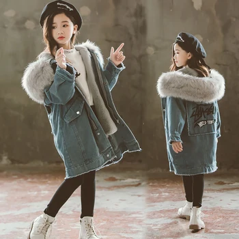 

Winter Denim Girls Parkas Down Thickening Warm Jean Hooded Coats for Girls snow Kids Outerwear Baby Girls Clothes