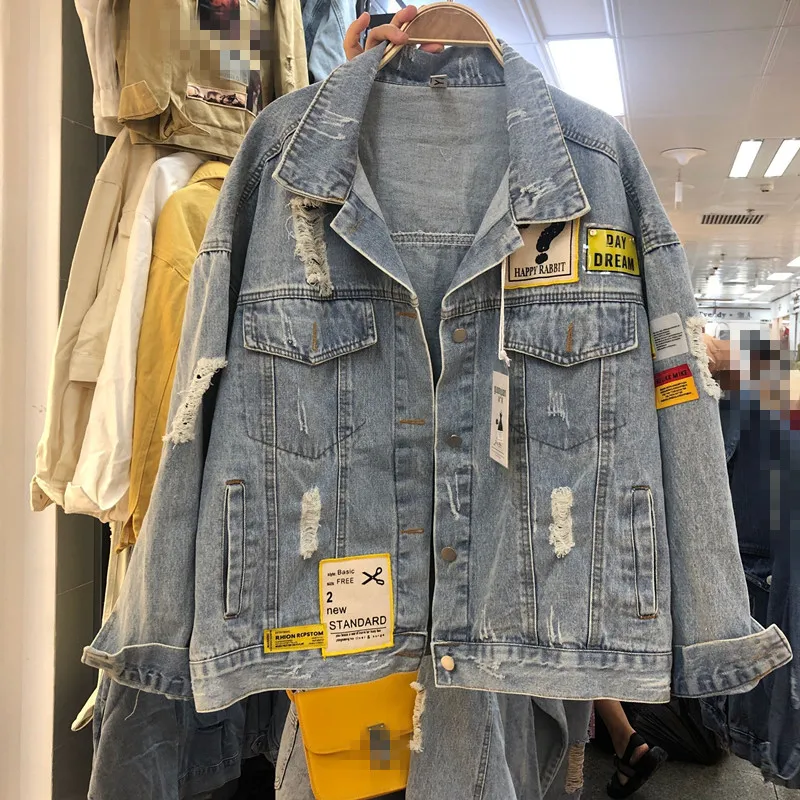 Cowboy Coat Girl Short Denim Jacket Women 2019 Autumn New Loose Sticker Hole To Make Old Students Jean Jackets Coats Nancylim | Женская