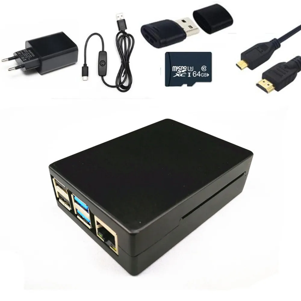 Чехол Raspberry PI 4, алюминиевый чехол, 5 В, 3 А, адаптер питания, 64 ГБ, Micro SD карта, Micro HDMI кабель для Raspberry Pi 4, Модель B - Цвет: Black Kit