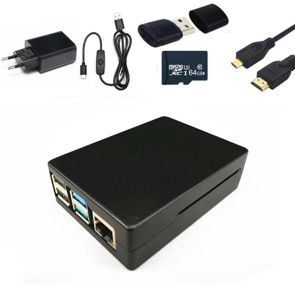 Black Kit Чехол Raspberry PI 4, алюминиевый чехол, 5 В, 3 А, адаптер питания, 64 ГБ, Micro SD карта, Micro HDMI кабель для Raspberry Pi 4, Модель B - Цвет: Black Kit