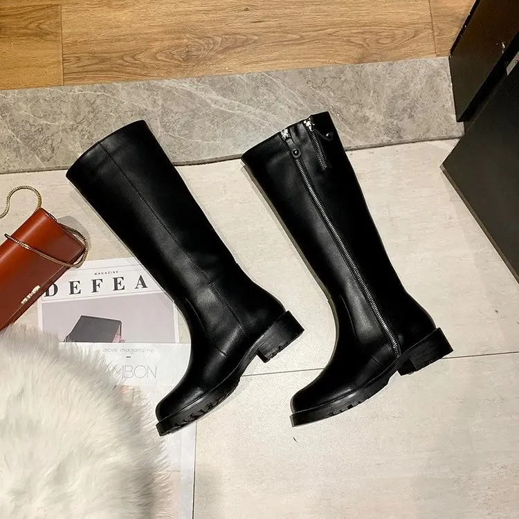 Black W-Лидер продаж; модные однотонные рыцарские сапоги; бархатные повседневные тонкие женские сапоги с круглым носком на молнии - Цвет: Black