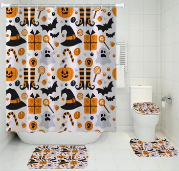 

4 Pieces Halloween Bath Sets Pumpkin/Hat Gift Shower Curtain Terror Style Toilet Mat 3D Print U-shaped Pad Washable Floor Rugs
