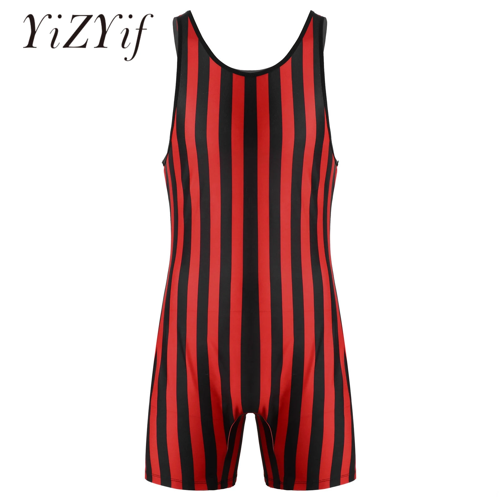 Mens Athletic Bodysuit Slim Fit Striped Wrestling Leotard Jumpsuit