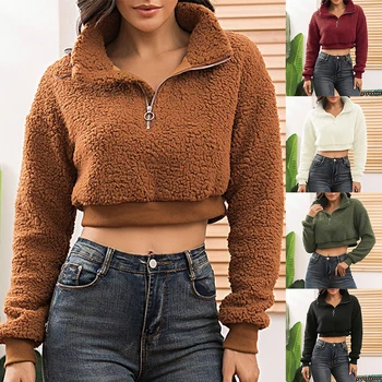 

Autumn and Winter Lamb Wool Zipper Short Outer Fashion Sleeve Plush Pullover Sweater