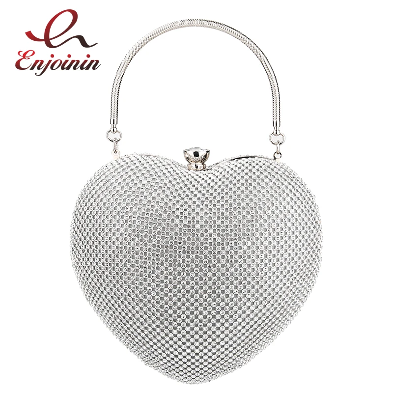 Luxury Diamond Heart Shaped Silver Women Party Clutch Evening Bag Fashion  Chain Purses and Handbags Crossbody Bag Wedding Bag