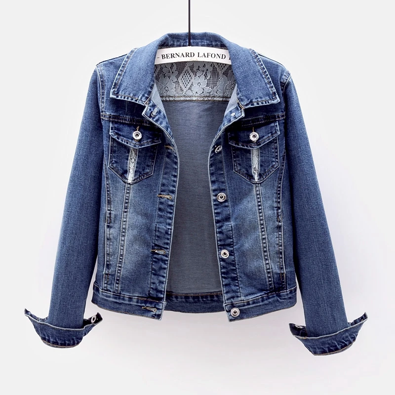 Women Lace Short Jeans Jacket Streetwear Spring Autumn Long Sleeve Slim