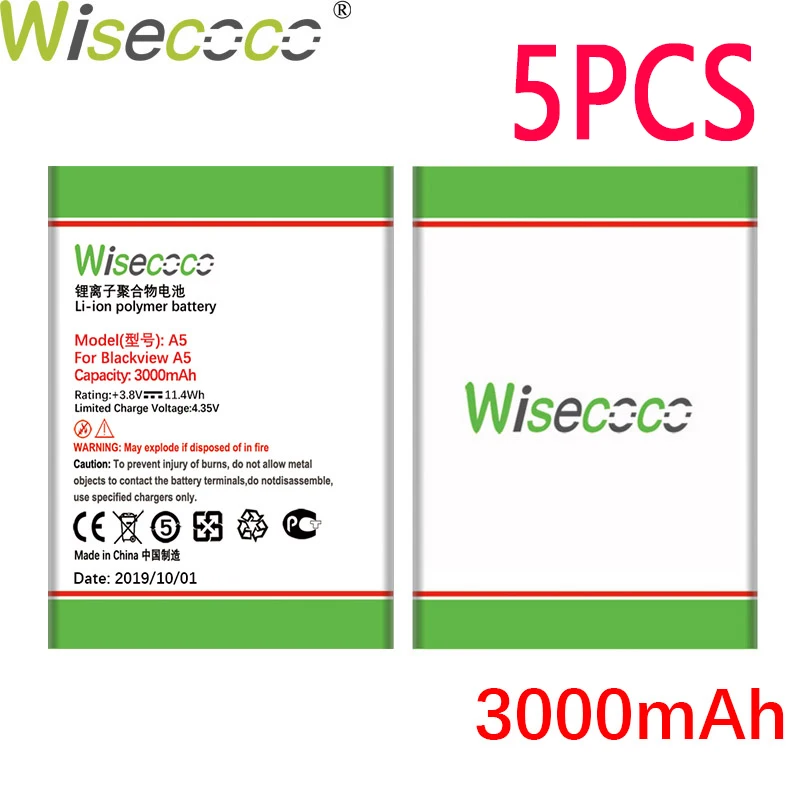 WISECOCO 5 шт. 3000 мАч батарея для Blackview A5 A мобильный телефон в наличии последняя