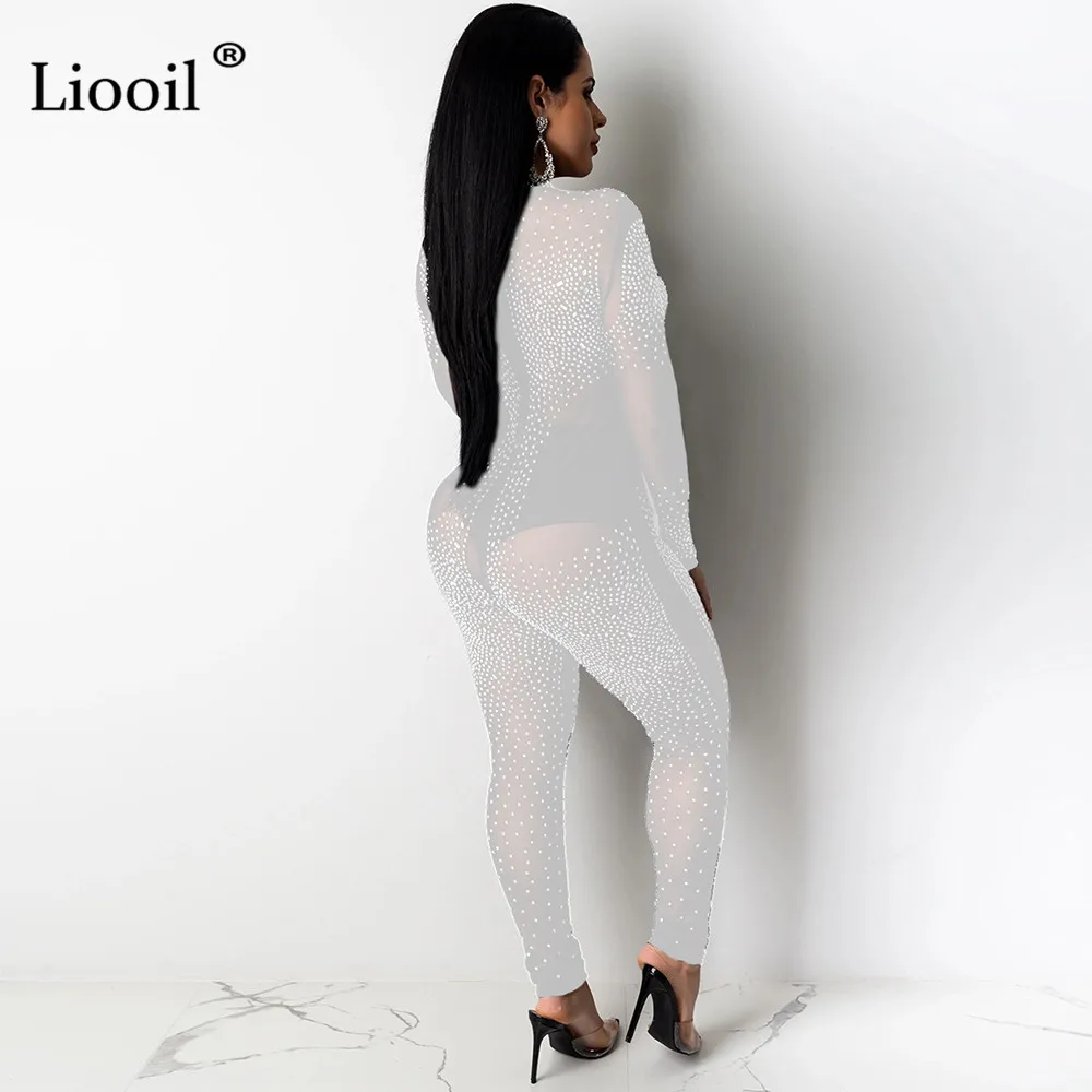 Liooil, черный, белый, стразы, прозрачные, сетчатые, сексуальные комбинезоны для женщин,, длинный рукав, о-образный вырез, вечерние, Клубные комбинезоны, обтягивающие боди