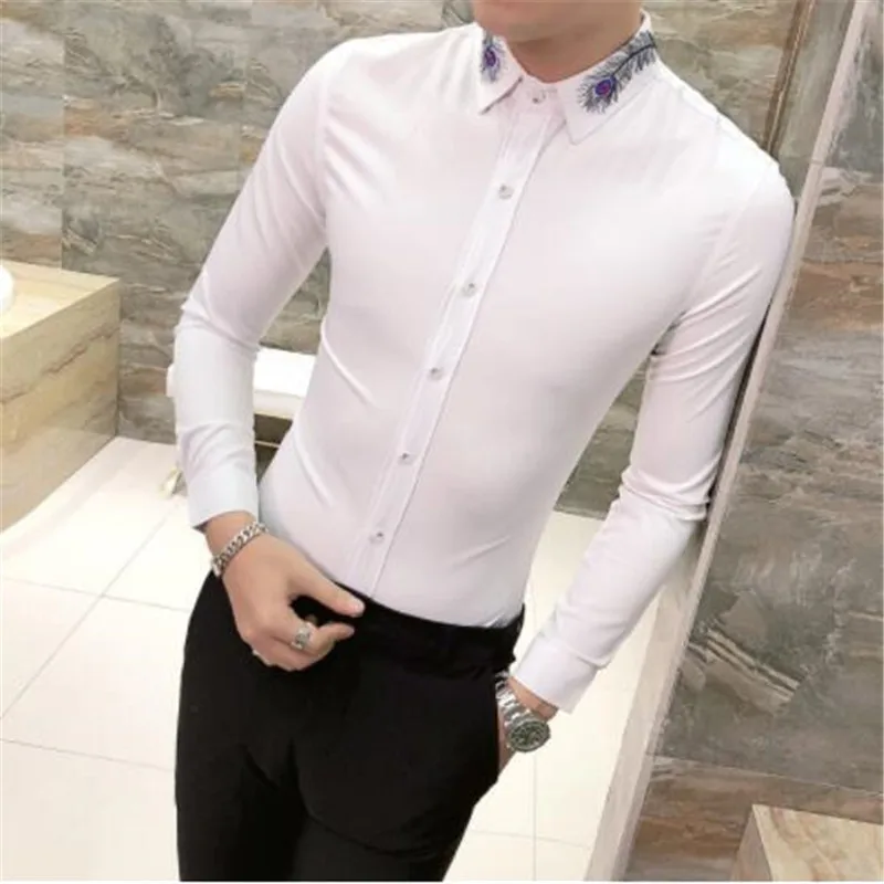 Весенняя Корейская мужская рубашка с длинным рукавом Camisa Masculina, одноцветная модная мужская рубашка с вышитыми перьями, Camisa Homem, Черная