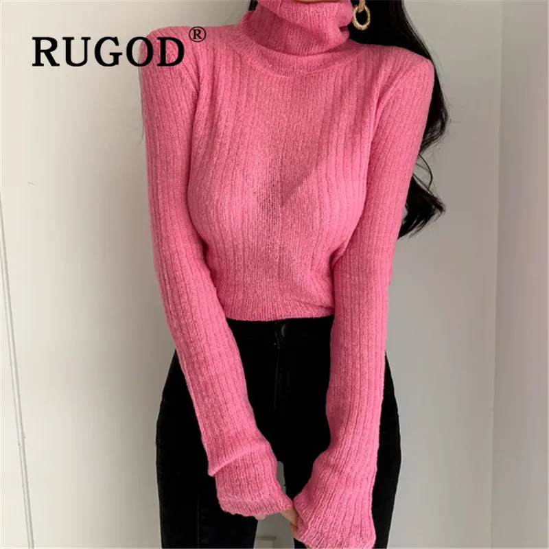 RUGOD корейский мягкий однотонный трикотаж для женщин свитер с высоким воротом теплый тонкий вязаный пуловер Новая Осенняя мода Повседневная Женская туника