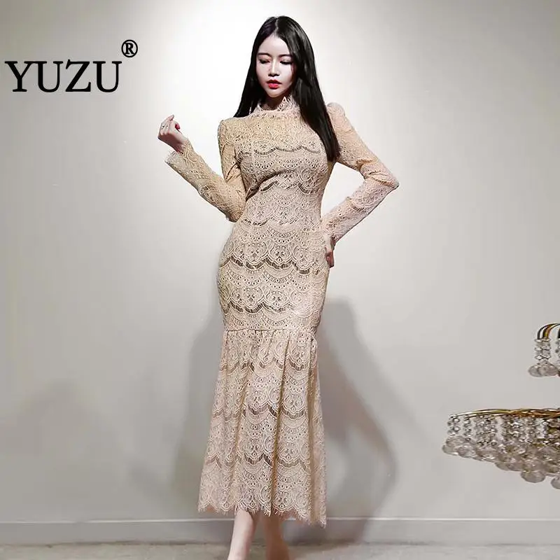 

Mermaid Dresses Woman Party Evening Night Long Sleeve Noble Lace Hollow Out Perspective Ruffles Stand Collar Autumn Midi Dress