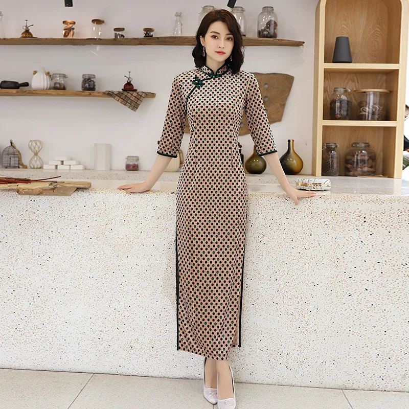 Модные женские длинные Cheongsam Китайский Стиль Мандарин воротник платье Весна велюр Кнопка Qipao Тонкий платья для вечеринок Vestido M-3XL