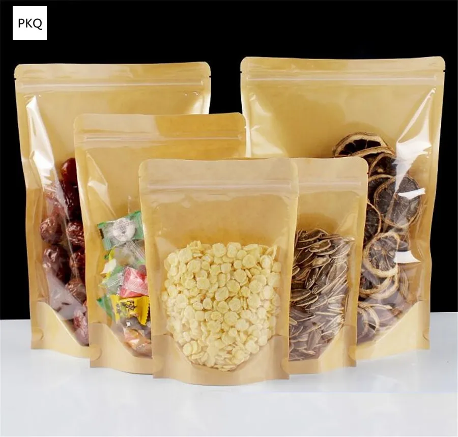 

50pcs 6Size Kraft Paper Plastic Zipper Bags Transparent Zip Lock Stand Up Ziplock Resealable Food Coffee Package Doypack Pouch