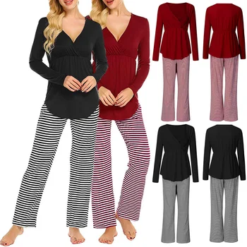 

Nursing Soft Pajamas Long Sleeve V neck Sleepwear Maternity Set Gift Nightdress Pregnant Two Pieces Breastfeeding Winter V Neck