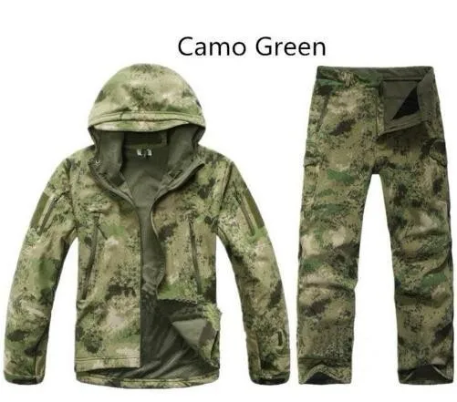 green ruins Tactical Camouflage Suits Men Women Waterproof Shark Skin Soft Shell Jacket Pants Outdoor Trekking Hiking Camping Hunting Sets - Color: green ruins