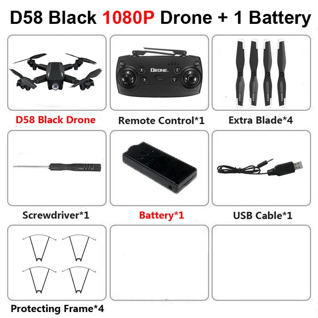 Black 1080P 1B D58 Профессиональный складной Дрон с камерой 4K 1080P HD WiFi FPV оптический поток RC Квадрокоптер вертолет игрушки - Цвет: Black 1080P 1B