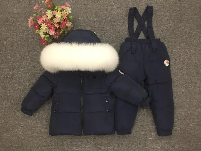navy blue white Детский ветрозащитный Теплый зимний комплект, теплая парка, пальто с капюшоном+ штаны, лыжный комбинезон, русский темно-синий зимний костюм, утепленные комплекты одежды - Цвет: navy blue white
