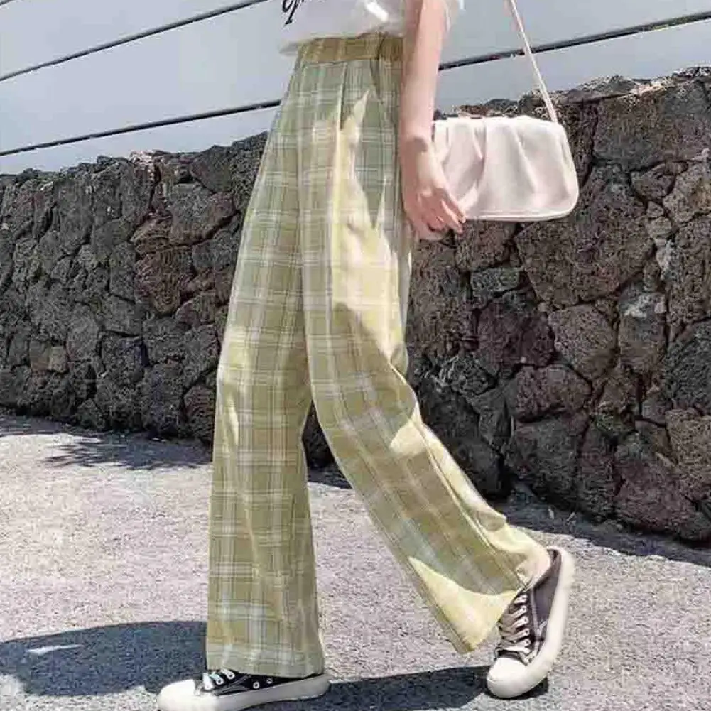 Women's Wide-leg Trousers Plaid Casual Mid-waist is Thinner and High-loose Fashion Mid-waist Trousers Dark Green Grid Pattern mother of the bride pant suits