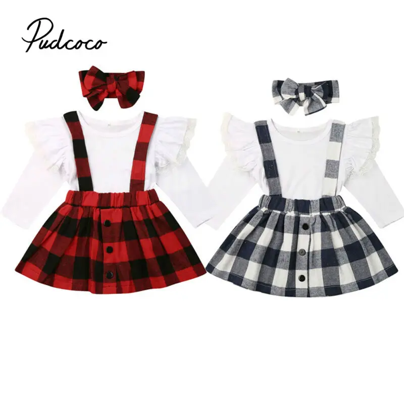 Комплекты одежды для маленьких девочек коллекция года, Осенний клетчатый топ с летящими рукавами+ платье на бретелях+ повязка на голову, комплект детской одежды из 3 предметов