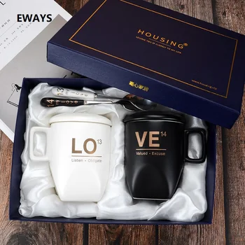 

EWAYS 2Pcs/Set Creative Ceramic Couple Cup Love Mug Valentine's Day Wedding Birthday Gifts With Lid With Gift Box