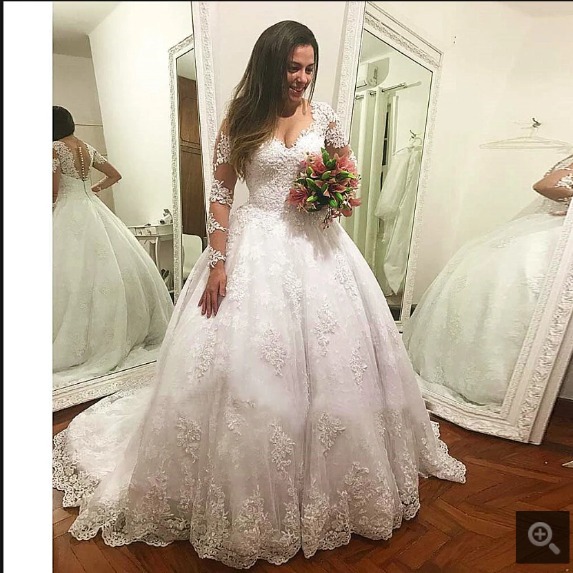 Robe de mariage плюс размер бальное платье с длинными рукавами свадебное платье Кружевная аппликация бисерная задняя часть сексуальные элегантные платья невесты
