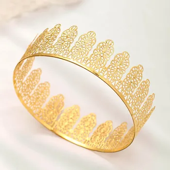 

FORSEVEN Gold Color Round Crown Birthday Cake Alloy Crown for Women Headwear Simple Style Tiaras Party Headband Accessories JL