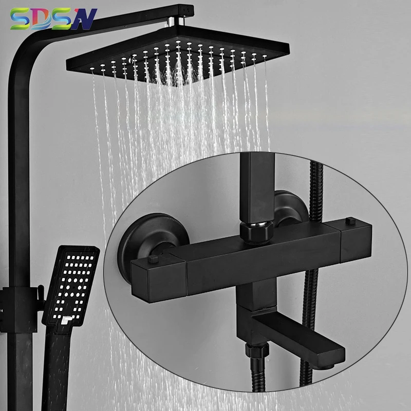 

SDSN Thermostatic Shower Set Black Bronze Bathroom Faucets Rainfall Shower Head Square Bathtub Mixer Faucet Black Shower Sets