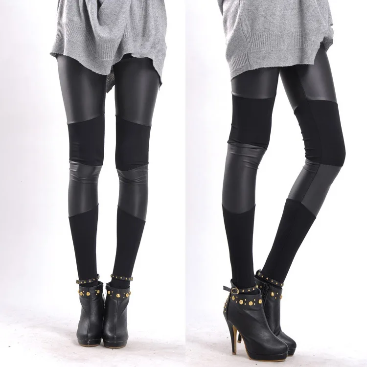 

2020 Korean-style Fashion Faux Leather Joint Lint Combination Knee Cotton Spell Ankle-length Leggings