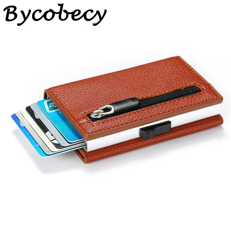 Bycobecy Противоугонный Rfid ID держатель для карт чехол одна коробка алюминиевый кошелек для монет женский магнитный мини кредитный держатель для карт на молнии