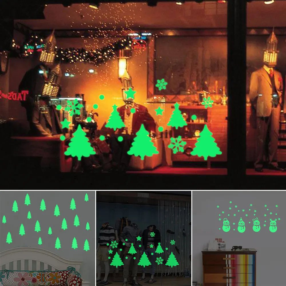 

Green At Night Window Decal Background Decor Removable Home Wallpaper Christmas Tree Snowmen PVC Fluorescent