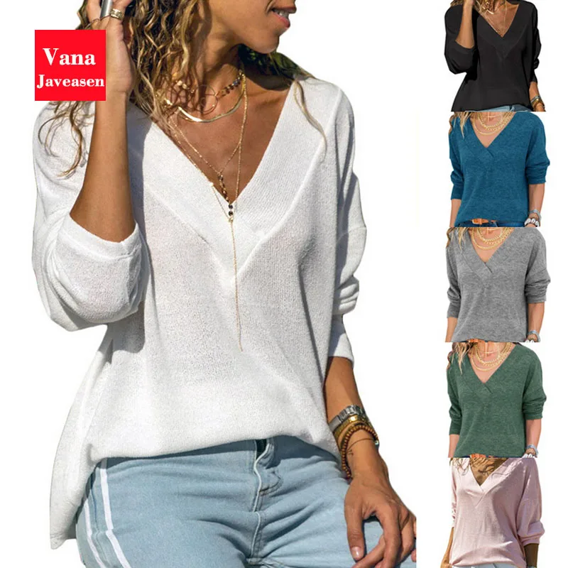 

Vana Javeasen Woman Long-sleeved T-shirt Autumn Casual Ladies Tshirt Deep V-neck Solid Color Refreshing Woman's Tees Tops