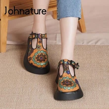 Johnature 2021 New Genuine Leather Pumps Women Shoes Mixed Colors Spring/Autumn Retro Buckle Strap High Heels Ladies Shoes