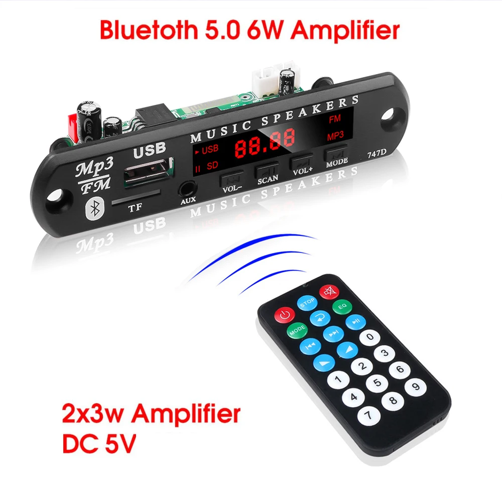 KEBIDU 12V MP3 Player Decoder Board Bluetooth 5.0 6W Amplifier Car FM Radio Module Support TF USB AUX FM 2*3W Amplifier