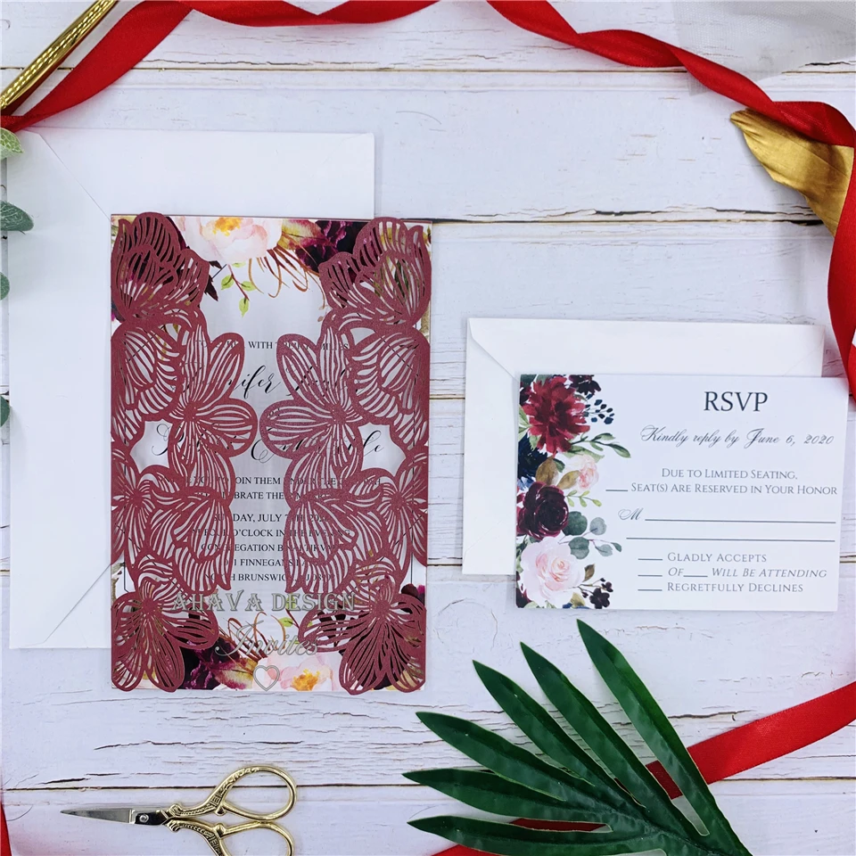Burgundy Laser Cut Warp with Burgundy and Blush Floral on Invitation-Geometric Garden