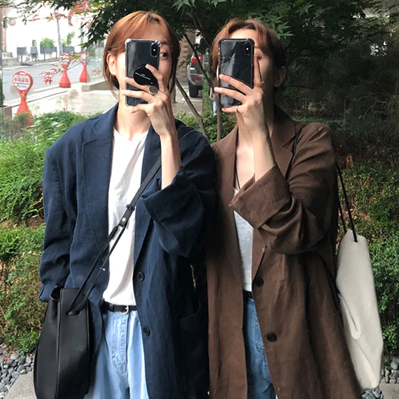 

2019 South Korea INS British Style Fold-down Collar Cotton Linen Long Sleeve Suit Jacket