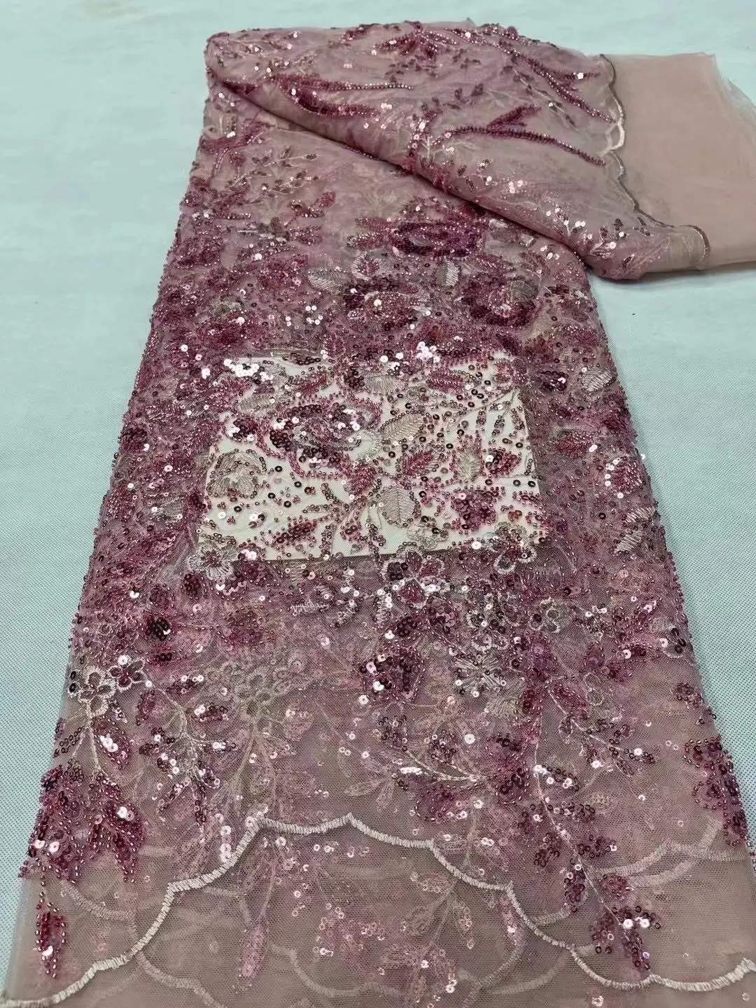 

High Quality African Sequins Net Lace Fabric Luxurious Nigerian French Lace Material For Wedding Dresses