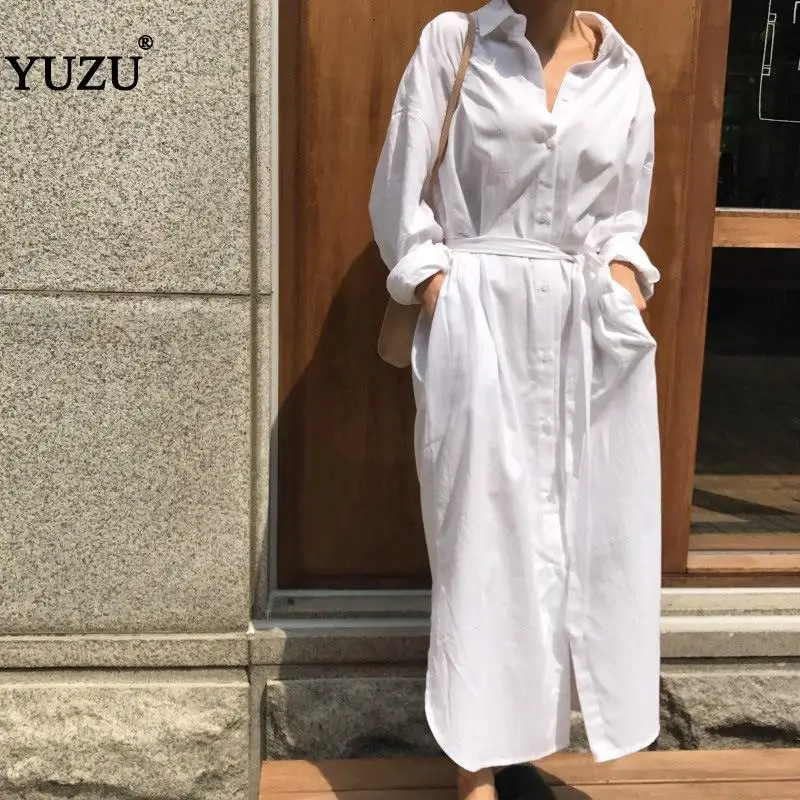 

White Shirt Long Dress Fall 2020 Vintage Casual Loose Long Sleeve Plus Size Single Breasted Pockets Sashes Woman Dress