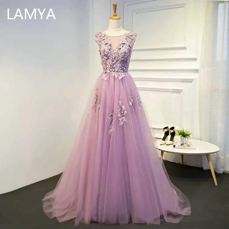 

Женское вечернее платье до пола LAMYA, фиолетовое платье с V-образным вырезом, вышивкой и аппликацией, бальное платье для выпускного вечера